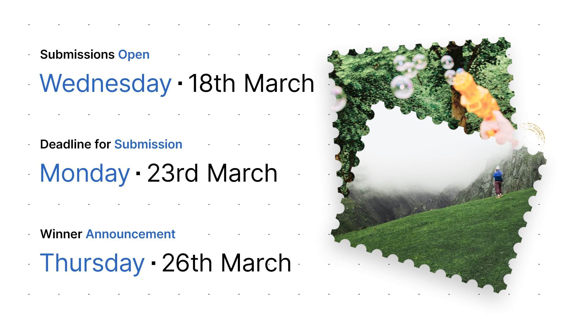 Announcement graphic showing key dates from March 18th to March 26th alongside a stamp-shaped nature photo.